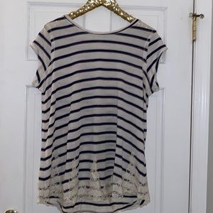 Xhiliration Blue & White Striped Lace Detail Top Size XL